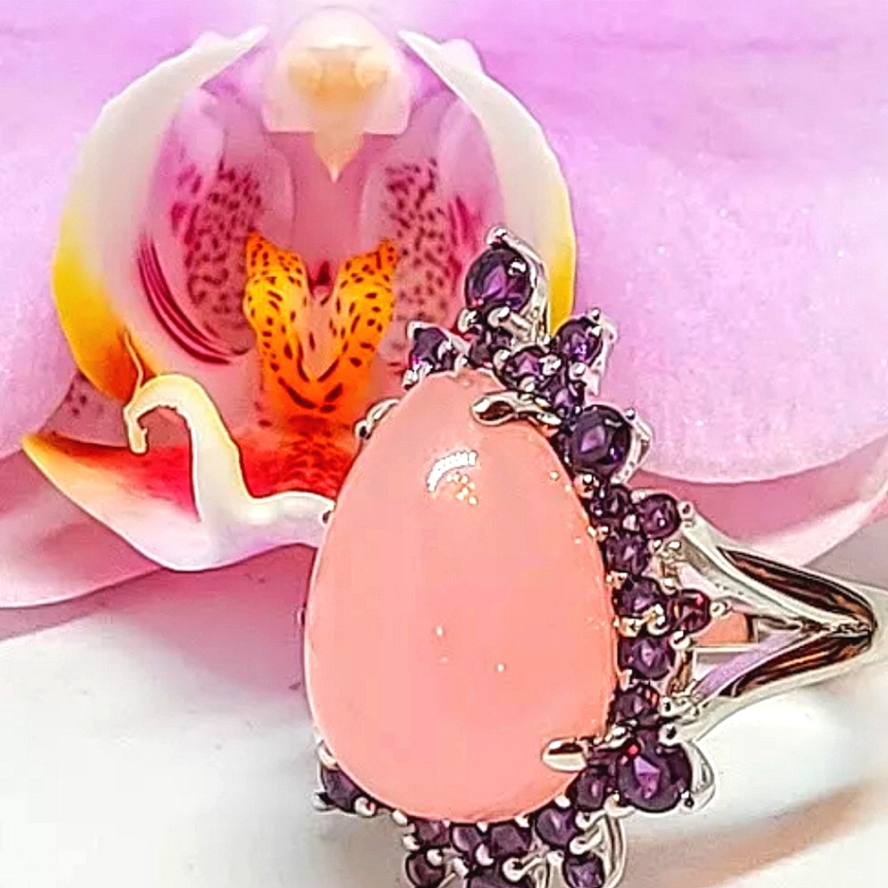 Natural Pink Chalcedony & Amethyst 925 Sterling Silver Ring Sz 7